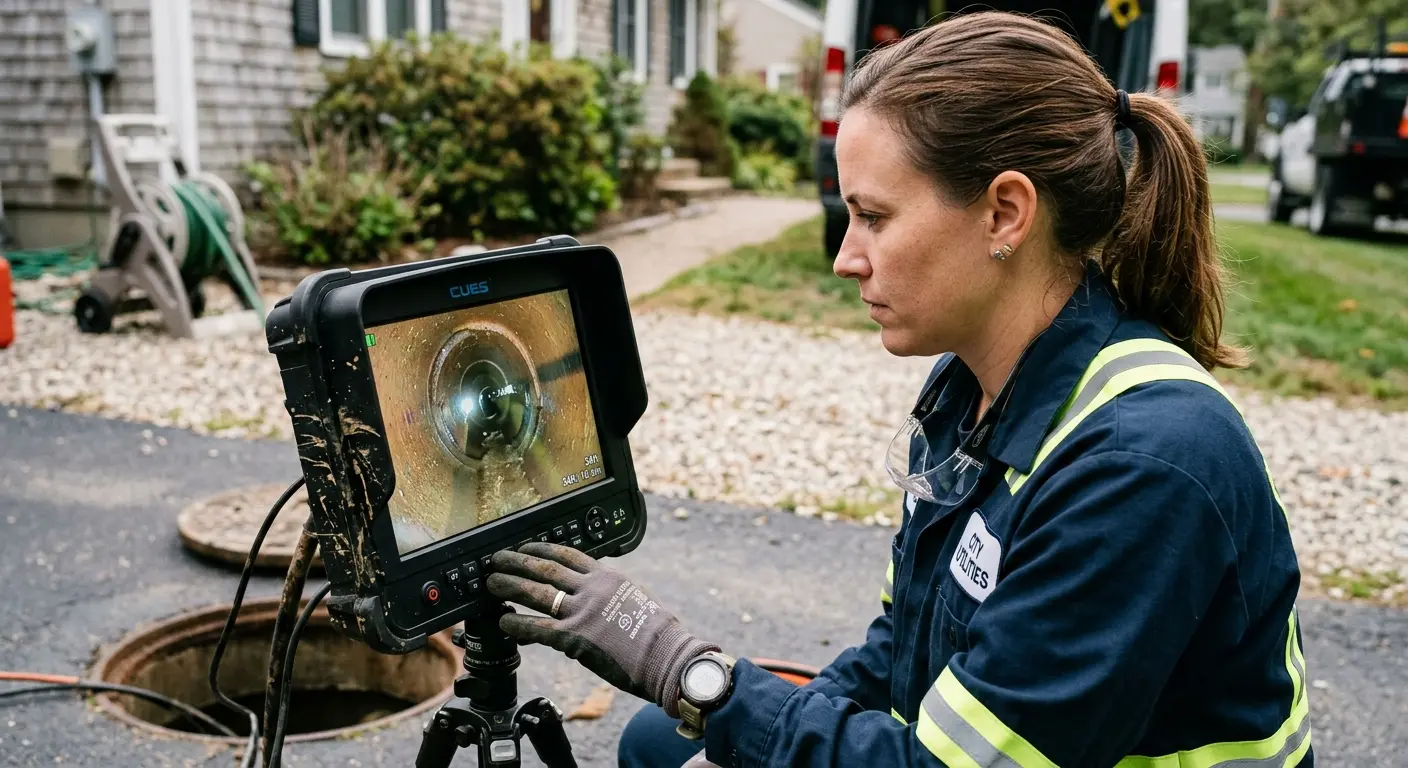 Technician reviewing sewer camera inspection footage in Greenwich