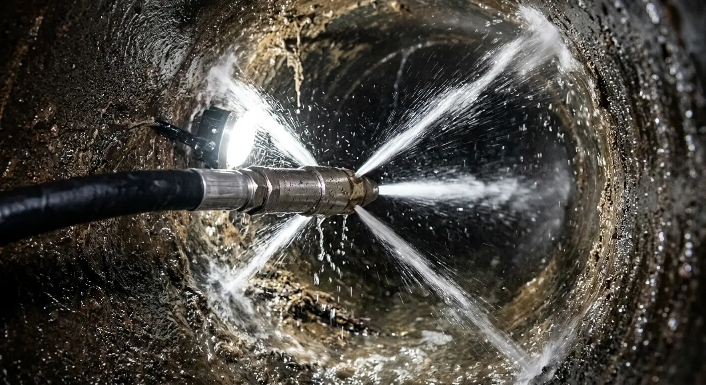 High-pressure hydro jetting nozzle cleaning sewer pipe for Emergency Drain Service in Greenwich