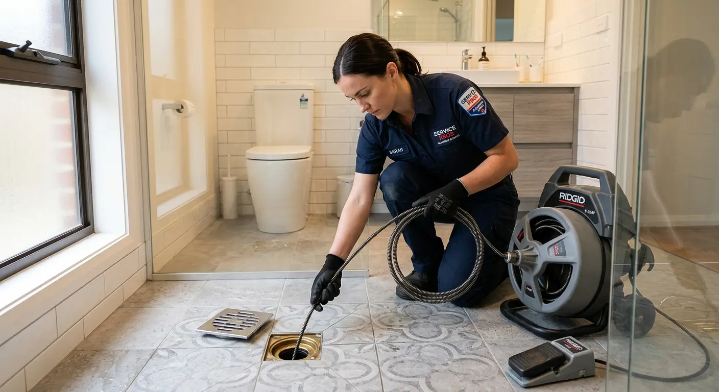 Technician clearing a bathroom floor drain for Sewer Line Replacement in Greenwich